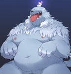 anthro areola arm_tuft barely_visible_genitalia barely_visible_penis belly belly_tuft big_tongue blue_body blue_fur candle candle_on_head crotch_tuft fur genitals grey_body grey_fur hair hair_over_eyes light male navel nipples overweight overweight_anthro overweight_male paw_pose penis penis_base pokemorph pose sharp_teeth simple_background sitting solo teeth tongue tongue_out tuft o-ro nintendo pokemon canid canine generation_9_pokemon greavard mammal pokemon_(species) 2022 hi_res lighting