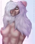 absurd_res aloun aloun_art anthro biped blue_eyes breasts digital_media_(artwork) felid feline female fur hair half-length_portrait hi_res lion long_hair mammal nipples nude one_eye_obstructed pantherine pink_nipples pink_nose portrait solo tan_body tan_fur white_hair