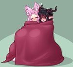 bedding big_breasts black_hair blanket blush breast_outline breasts cuddling duo eyes_closed female female/female hair heart_symbol horn huge_breasts humanoid_pointy_ears multicolored_hair one_eye_closed pink_hair pointy_ears red_eyes simple_background smile limebreaker animal_humanoid canid canid_humanoid canine canine_humanoid fox_humanoid horned_humanoid humanoid mammal mammal_humanoid 2022 digital_media_(artwork) hi_res