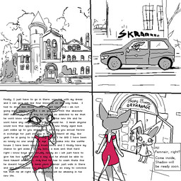 age_difference anthro clothing dialogue dress duo eyelashes female hairless older_female orphanage tail text naircat femnair domestic_cat felid feline felis hairless_cat lagomorph leporid mammal rabbit sphynx_(cat) 1:1 aliasing binary_drawing comic digital_drawing_(artwork) digital_media_(artwork) english_text