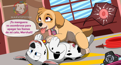 abdominal_bulge animal_genitalia animal_penis animal_vulva armor belly belly_inflation blue_eyes bodily_fluids canine_genitalia canine_penis canine_vulva collar cowgirl_position cum cum_in_vagina cum_inside cum_on_penis cum_string cumshot dominant dominant_female duo ejaculation erection female female_penetrated feral feral_on_feral feral_penetrated feral_penetrating feral_penetrating_feral fire_station firefighter_helmet from_front_position fur genital_fluids genitals headgear helmet hose inflation intraspecies knot knotted_penis knotting lying male male/female male_penetrating male_penetrating_female markings narrowed_eyes on_back on_bottom on_top ovum_penetration paws penetration penile penile_penetration penis pink_eyes pregnant reverse_missionary_position sex size_difference small_dom_big_sub smaller_female sperm_cell spots spotted_body spotted_fur spread_legs spreading tan_body tan_fur tongue tongue_out vaginal vaginal_fluids vaginal_penetration wet white_body white_fur marvispot84 nickelodeon paw_patrol marshall_(paw_patrol) skye_(paw_patrol) canid canine canis cockapoo dalmatian domestic_dog firedog mammal mixed_breed absurd_res cel_shading hi_res shaded