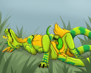 2_tails 4_arms 4_ears 4_eyes anthro black_teeth bodily_fluids dripping eyes_closed fangs genital_fluids glowing_whiskers green_flesh grin in_grass lime_fur lying male markings masturbation multi_arm multi_ear multi_eye multi_limb multi_tail on_back penis_tentacles precum precum_drip simple_background smile solo spread_legs spreading striped_markings stripes tail teeth tentacles falsesphinx gnarpy alien felid gnarpian mammal