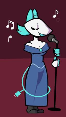blue_clothing blue_dress breasts brooch cleavage clothed clothing dress electronics eyes_closed female floating_hands hair machine microphone microphone_stand musical_note musical_symbol open_mouth plug singing solo symbol tail teal_ears teal_hair conditional_dnp thehenwithatie deltarune undertale_(series) tasque_manager android darkner felid feline mammal robot robot_anthro 2025 2d_animation animated hi_res high_framerate loop motion_tweening no_sound short_playtime webm