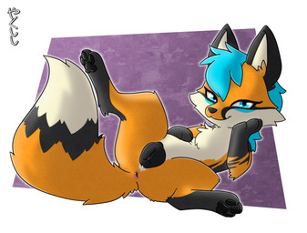 anatomically_correct anatomically_correct_genitalia anatomically_correct_vulva animal_genitalia animal_vulva anus black_ears black_markings black_pawpads blue_eyes blue_hair canine_genitalia canine_vulva dipstick_tail female feral fur genitals hair hand_on_belly head_on_hand lying markings on_back orange_body orange_fur pawpads solo spread_legs spreading striped_markings stripes tail tail_markings vulva conditional_dnp yakukitsu camira_(schattenflamme) canid canine fox mammal red_fox true_fox hi_res