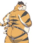 anthro belly blush butt clothing cute_fangs eyewear fangs glasses jockstrap kemono male overweight overweight_male simple_background solo teeth underwear white_background hon55728 felid mammal pantherine tiger 2024 hi_res