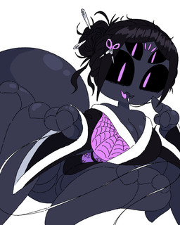 accessory anthro asian_clothing black_body black_hair black_sclera breasts cleavage clothed clothing east_asian_clothing fangs female hair hair_accessory hair_bun japanese_clothing kimono kimono_only looking_at_viewer multi_eye multi_leg multi_limb scissors simple_background solo spider_web teeth tongue dydrath arachnid arthropod spider 4:5 absurd_res colored hi_res shaded
