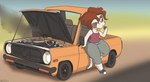 anthro bottomwear brown_hair car chibi clothing female footwear fur hair leaning_on_object looking_away motor_vehicle on_car pants shoes smoke solo thick_thighs toony_car vehicle halcy0n datsun haley_baxter herpestid mammal mongoose 2023 hi_res