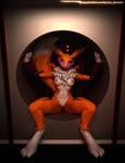 anthro black_sclera blue_eyes breasts chest_tuft claws clothing countershade_torso countershading female fingerless_gloves fox_tail fur genitals gloves gloves_only glowing glowing_eyes handwear handwear_only looking_at_viewer markings mostly_nude multicolored_body nipples orange_body orange_glow pose pussy science_fiction sitting smile smirk solo spread_legs spreading tail tuft wall_(structure) white_body systemsearcher bandai_namco blender_cycles digimon twitter warfare_machine warfare_renamon canid digimon_(species) mammal renamon 3d_(artwork) artist_name blender_(artwork) digital_media_(artwork) hi_res pinup