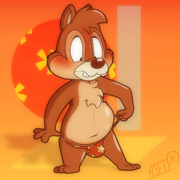 belly blush bodily_fluids bulge chest_tuft clothing embarrassed glistening glistening_body looking_down looking_down_at_self male navel solo speedo speedo_pull standing sweat swimwear thong tuft underwear squirrelfromthesouth chip_'n_dale_rescue_rangers disney dale_(disney) chipmunk ground_squirrel mammal rodent sciurid 1:1 2025 dated digital_drawing_(artwork) digital_media_(artwork) hi_res