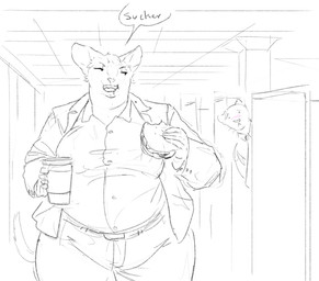 anthro beverage blush burger ceiling clothed clothing coffee coffee_cup collared_shirt container cubicle cup dialogue dress_shirt duo female food fully_clothed hairless high_waisted_bottomwear holding_beverage holding_burger holding_container holding_cup holding_food holding_object inside jacket male necktie obese obese_anthro obese_female office overweight overweight_anthro overweight_female pillar sad shirt smug speech_bubble text topwear cettus sigfrid_brandvold cougar domestic_cat felid feline felis hairless_cat mammal peterbald 2022 english_text sketch