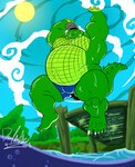 anthro arms_above_head baseball_cap belly clothing cloud detailed_background green_body green_eyes hat headgear headwear jumping lake looking_down male navel overweight overweight_anthro overweight_male solo sun swimming_trunks swimwear water deadanthro dan_(deadanthro) alligator alligatorid crocodilian reptile scalie 2018 hi_res