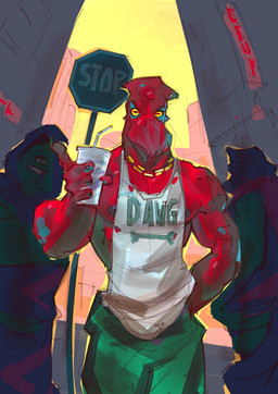 5_fingers beverage bottomwear city city_background cityscape clothed clothed_male clothing drinking_straw fingers green_bottomwear green_clothing green_shorts group holding_beverage holding_object jewelry male muscular muscular_male necklace nipples outside red_body shirt shorts stop_sign tank_top tentacles text text_on_clothing text_on_shirt text_on_topwear topwear trio yellow_eyes purplebirdman animal_humanoid aquatic aquatic_humanoid cephalopod cephalopod_humanoid coleoid decapodiform humanoid mollusk mollusk_humanoid squid squid_humanoid 2026 colored colored_sketch detailed digital_drawing_(artwork) digital_media_(artwork) full-length_portrait hi_res portrait shaded sketch three-quarter_portrait