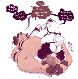 anthro anthro_on_anthro anthro_penetrated anthro_penetrating anthro_penetrating_anthro balls big_butt brown_pawpads butt clothing duo eyes_closed from_behind_position fur genitals harness hat headgear headwear lying male male/male male_penetrated male_penetrating male_penetrating_male mouth_closed narrowed_eyes nude obese obese_anthro obese_male on_front orange_body orange_fur overweight overweight_anthro overweight_male pawpads penetration red_tongue sex small_top_big_bottom speech_bubble text tongue tongue_out white_balls white_body white_fur chocolateandmilk bear canid canine canis domestic_dog mammal 2021 dated english_text hi_res signature