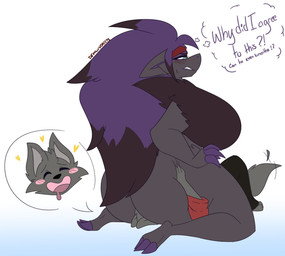 4_fingers accessory anthro arm_tuft big_breasts big_butt bite biting_lip black_body black_bottomwear black_clothing black_fur black_hair black_highlights black_pants blue_eyes blush blush_stickers bottomwear breasts butt butt_grab claws clothing curvy_figure dialogue duo facesitting featureless_breasts female female_on_top fingers fur gradient_background grey_body grey_fur hair hand_on_butt happy headband heart_symbol highlights_(coloring) huge_breasts huge_butt larger_female male male/female male_on_bottom multicolored_body multicolored_fur multicolored_hair nude on_bottom on_top pants purple_claws purple_hair red_clothing red_headband red_topwear shoulder_tuft side_boob simple_background sitting sitting_on_another size_difference tail tail_motion tailwag text thick_thighs toe_claws topwear tuft two_tone_body two_tone_fur two_tone_hair voluptuous wide_hips dewwydarts nintendo pokemon nea_(dewwydarts) canid canine canis generation_5_pokemon mammal pokemon_(species) shiny_pokemon wolf zoroark english_text hi_res