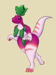 anthro beady_eyes big_breasts black_eyes breasts claws clothed clothing female food grass_skirt leaf leaf_clothing leaf_skirt leaf_tail markings pink_claws pink_stripes plant purple_body radish sharp_teeth simple_background solo striped_markings stripes tail tan_background teeth thick_thighs vegetable white_body wide_hips carboncopy612 electronic_arts plants_vs._zombies popcap_games veloci-radish_(pvz) dinosaur dromaeosaurid elemental_creature flora_fauna food_creature prehistoric_species reptile scalie theropod velociraptor hi_res