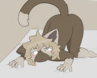 anthro ass_up bed blush embarrassed furniture grabbing_sheets male raised_tail simple_background solo tail kotnerv kotner_(kotnerv) domestic_cat felid feline felis mammal 5:4