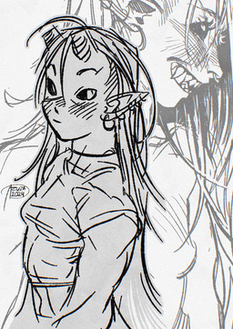 clothed clothing ear_piercing ear_ring facial_piercing female grin hair horn humanoid_pointy_ears logo long_hair looking_at_viewer mouth_closed nose_piercing nose_ring piercing pointy_ears ring_piercing septum_piercing septum_ring sharp_teeth simple_background smile solo teeth text azuza humanoid 2024 artist_logo artist_name dated hi_res monochrome