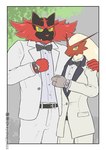 anthro biped black_body black_fur border clothed clothing duo fur looking_at_viewer male photography red_body red_fur suit tan_body tan_fur wedding white_border yellow_sclera keyshop_miss nintendo pokemon blaziken generation_3_pokemon generation_7_pokemon incineroar pokemon_(species) absurd_res hi_res