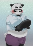 anthro belly black_body black_nose blush clothing humanoid_hands kemono male navel overweight overweight_male shirt solo topwear underwear undressing white_body pinoren vtuber sasayama_akira bear giant_panda mammal 2022 hi_res