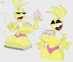 angry anthro beakless big_butt breasts butt camel_toe camera_view cleavage clothed clothing crop_top duo female holding_object looking_at_viewer looking_back machine midriff navel non-mammal_breasts open_mouth presenting presenting_breasts presenting_hindquarters profanity recording sharp_teeth shirt stuck teeth thick_thighs thong topwear under_boob underwear yellow_body kaydude five_nights_at_freddy's five_nights_at_freddy's_2 scottgames cupcake_(fnaf) toy_chica_(fnaf) animatronic avian bird chicken galliform phasianid robot 2021 digital_media_(artwork) hi_res
