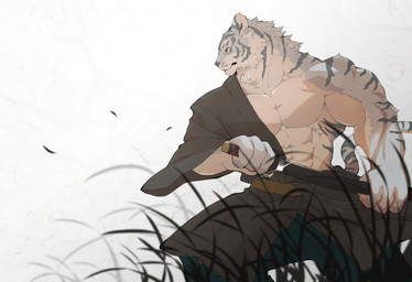 abs anthro belt biceps clothing fur glistening grass grey_body grey_fur holding_melee_weapon holding_object holding_sword holding_weapon kemono looking_forward male melee_weapon muscular muscular_anthro muscular_male pecs plant simple_background solo stripes sword weapon white_background yellow_eyes whistleglass felid mammal pantherine tiger 2018