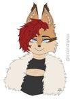 andromorph anthro blue_eyes brown_body brown_fur clothed clothing felid feline fur hair hi_res ink_dragunov intersex lynx male mammal moondrawss red_hair scar simple_background solo white_background