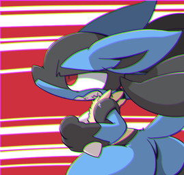 ambiguous_gender angry anthro pattern_background red_background red_eyes simple_background solo teeth white_background nettsuu nintendo pokemon canid canine generation_4_pokemon lucario mammal pokemon_(species) 2017 chromatic_aberration