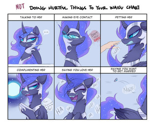black_body black_feathers blue_eyes blue_hair chart dialogue ellipsis feathered_wings feathers female hair horn pupils rejection ring slit_pupils solo sparkles text wings magnaluna friendship_is_magic hasbro my_little_pony mythology waifu_chart nightmare_moon_(mlp) equid equine mammal mythological_creature mythological_equine winged_unicorn 2016 comic english_text meme