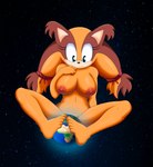 absurd_res anthro badger blue_eyes breasts female hi_res macro mammal mustelid musteline nipples orange_body planet planet_dwarfing sega simple_background sitting_on_planet solo sonic_boom sonic_the_hedgehog_(series) space sticks_the_jungle_badger terra_macro the_knight