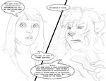 amanda_(tcitw) anthro arania armadillo_girdled_lizard bacon comic dialogue duo english_text felid female food fur girdled_lizard hair hi_res jack_(tcitw) lion lizard male mammal meat monochrome open_mouth pantherine reptile scalie sharp_teeth teeth text the_cabin_in_the_woods_(arania) whiskers