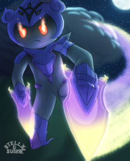 action_pose angry armor black_body cloud fire_eyes fusion looking_at_viewer male melee_weapon night pokemon_fusion pose purple_body semi-anthro sky solo sword weapon yellow_eyes artfight artfight2025 nintendo pokemon fan_character suruge_(jmluxro) ceruledge generation_7_pokemon generation_9_pokemon legendary_pokemon marshadow pokemon_(species) absurd_res hi_res