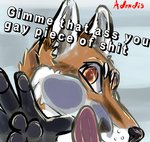 against_surface angry anthro bodily_fluids feral glass humor licking licking_glass looking_at_viewer male markings on_glass profanity saliva solo stated_homosexuality stated_sexuality tongue tongue_on_glass tongue_out adondis canid canine canis fox mammal 2020 hi_res