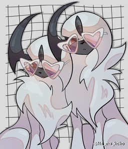 1_horn ambiguous_gender black_face duo eyewear fangs feral fluffy fur glasses heart_glasses horn looking_at_viewer mane open_mouth pattern_background red_eyes simple_background teeth text white_body white_fur white_mane na_ma_koko nintendo pokemon absol generation_3_pokemon pokemon_(species) artist_name digital_drawing_(artwork) digital_media_(artwork) hi_res shaded