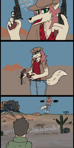 4_fingers anthro bottomwear cactus clothing cowboy_hat cowboy_outfit denim denim_bottomwear denim_clothing desert dialogue duo female fingernails fingers green_eyes gun hair handgun hat headgear headwear holding_gun holding_handgun holding_object holding_ranged_weapon holding_revolver holding_weapon jacket jeans looking_at_viewer male nails open_mouth pants pawpads plant ranged_weapon red_hair revolver smug smug_grin tail text topwear weapon quake-1 canid canine human humanoid mammal absurd_res comic hi_res