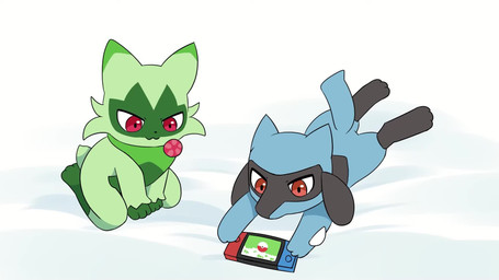 ambiguous_gender anthro biped black_body blue_body blush butt dialogue duo featureless_crotch fur green_body green_fur pink_body red_eyes speech_bubble tan_body tan_fur text sum nintendo pokemon floragato generation_4_pokemon generation_9_pokemon lucario meowscarada pokemon_(species) riolu 16:9 animated english_text hi_res korean_text long_playtime sound video widescreen