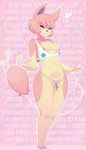 :3 anthro areola areola_slip background_text bikini breasts clothing clothing_pull eye_through_hair eyes_closed female fur genitals hair pink_body pink_fur pink_hair polka_dots pussy pussy_floss small_breasts solo sound_effects string_bikini swimwear tan_body tan_fur text translucent translucent_hair two-piece_swimsuit dullyarts nintendo pokemon elise_(dullyarts) generation_3_pokemon pokemon_(species) skitty english_text hi_res