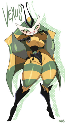 big_breasts blush boots breasts clothing female footwear green_eyes green_sclera grin machine narrowed_eyes navel sharp_teeth shoes smile solo standing teeth text thick_thighs wide_hips lightsource my_life_as_a_teenage_robot nickelodeon vexus alien alien_humanoid android animal_humanoid arthropod arthropod_humanoid humanoid robot robot_humanoid 2022 absurd_res character_name full-length_portrait hi_res portrait