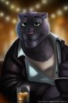 abstract_background anthro beverage black_body black_fur food fur green_eyes grey_body grey_fur looking_at_viewer male melanistic scar smile solo 7theaven disney zootopia renato_manchas felid jaguar mammal pantherine 2016 2:3 digital_media_(artwork)