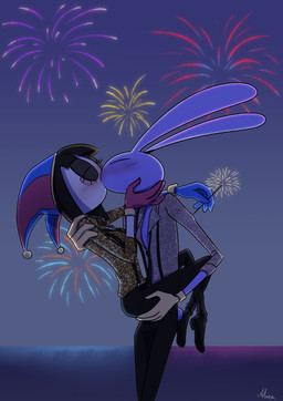 4_fingers anthro blush caressing_face clothing duo eyes_closed female fingers fireworks hand_on_face hand_on_shoulder holidays kiss_on_lips kissing larger_male lifting_partner male necktie size_difference slim smaller_female sparkler sparkles sparkling_clothing suspenders screaming_alice glitch_productions new_year new_year_2026 the_amazing_digital_circus jax_(tadc) pomni_(tadc) humanoid lagomorph leporid mammal rabbit absurd_res hi_res