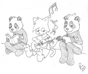 acoustic_guitar anthro artist barefoot book bottomwear closed_smile clothing crossed_legs drawing feet group guitar hair head_tuft holding_book holding_guitar holding_musical_instrument holding_object holding_pencil logo male mouth_closed musical_instrument musical_note musical_symbol nude pencil_(object) playing_music plucked_string_instrument shirt short_hair shorts simple_background sitting smile string_instrument symbol t-shirt topwear trio tuft young young_anthro young_male pandapaco nemorio parinton bear domestic_cat felid feline felis giant_panda mammal artist_logo monochrome signature sketch