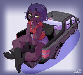 5_fingers 5_toes anthro athletic athletic_female barefoot biped bottomwear clothed clothing crossed_legs curling_toes dark_body dark_fur denim denim_bottomwear denim_clothing denim_shorts feet female female_anthro fingers fur gloves_(marking) hair hoodie larger_female leg_markings light_truck looking_at_viewer macro macro_anthro macro_female markings pickup_truck purple_hair short_hair shorts simple_background sitting size_difference small_ears smile socks_(marking) soles solo tail toes topwear truck vehicle yellow_eyes hardtones ford ford_f150 beaver mammal rodent 2025 colored