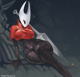 2_horns anthro biped black_body black_eyes breasts clothed clothing empty_eyes female fingers horn melee_weapon red_clothing sitting solo text weapon white_text wide_hips snorlaxk hollow_knight_(franchise) team_cherry hornet_(hollow_knight) arachnid arthropod spider english_text hi_res signature