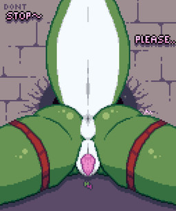 anthro anus bodily_fluids breath cunnilingus dungeon ejaculation female genital_fluids genitals green_body green_scales hole_in_wall leg_belt oral panting raised_tail scales sex shaking shivering solo spread_legs spreading tail text through_wall vaginal vaginal_fluids vaginal_squirting vulva white_body white_scales hantanyaw44 hanta kobold scalie absurd_res animated digital_media_(artwork) hi_res pixel_(artwork) pixel_animation