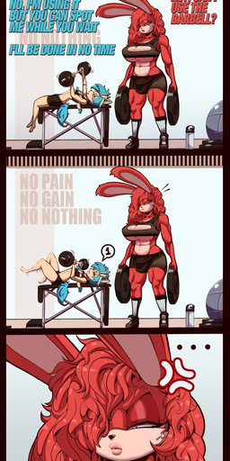 abs alternate_color anthro barbell bench_press big_breasts breasts bulge cross-popping_vein duo ellipsis exercise gynomorph huge_breasts intersex male muscular muscular_gynomorph muscular_intersex text thick_thighs vein weightlifting wide_hips workout picturd nintendo pokemon coco_(picturd) fan_character shooty_(shootysylveon) eeveelution felid feline generation_6_pokemon lagomorph leporid mammal pokemon_(species) rabbit sylveon comic english_text hi_res
