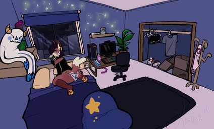 anal_beads anthro bad_dragon_toy bed bedroom bodily_fluids brown_hair choker container cum cum_in_container cum_in_jar dildo drinking eye_contact femboy fluffy_ears furniture genital_fluids hair jar jewelry knot knotted_dildo looking_at_another lying lying_on_bed male necklace on_bed pawpads paws piercing plushie sex_toy smug smug_face solo starlit_aster bad_dragon hasbro monster_energy my_little_pony canid canine fox mammal hi_res