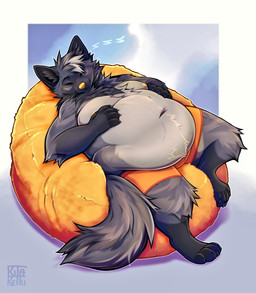 anthro belly big_belly black_body black_fur cheek_tuft chest_tuft clothed clothing eyes_closed facial_tuft fluffy fluffy_tail fur grey_body grey_fur hand_on_own_belly head_tuft lying male navel on_back overweight overweight_anthro overweight_male simple_background sleeping smile solo tail topless tuft underwear underwear_only yellow_nose kitakettu_(artist) canid canine mammal 2025 colored digital_drawing_(artwork) digital_media_(artwork) shaded