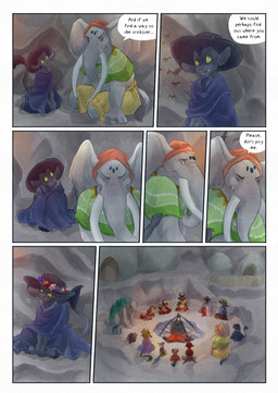 ambiguous_gender anthro biped black_body black_fur black_tail cave cave_painting clothed clothing dialogue dialogue_box fingers fur grey_body hat headgear headwear humanoid_pointy_ears inside male pointy_ears proboscis_(anatomy) rock speech_bubble tail text trunk_(anatomy) bjekkergauken imbali_(bjekkergauken) isilo_(bjekkergauken) elemental_creature elephant elephantid mammal mineral_fauna proboscidean rock_creature unknown_species 2026 comic english_text hi_res