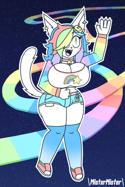 anthro bell bell_collar belt belt_buckle big_breasts blue_bottomwear blue_clothing blue_eyebrows blue_hotpants blue_legwear blue_shorts blue_thigh_highs blue_topwear bottomwear breasts buckle bulge cleavage clothed clothing collar cosmic_background crop_top ear_piercing ear_ring eyebrows eyelashes fangs footwear fur green_eyes gynomorph hair hair_over_eye hotpants intersex jacket legwear midriff multicolored_clothing multicolored_hair multicolored_sweater multicolored_topwear open_clothing open_jacket open_mouth open_smile open_topwear piercing rainbow rainbow_clothing rainbow_hair rainbow_road rainbow_sweater rainbow_topwear ring_piercing shirt shoes shorts smile smiley_face solo space space_background sweater tail tamagotchi_(toy) teeth thick_thighs thigh_highs topwear white_body white_clothing white_crop_top white_fur white_topwear wide_hips mistermisterwastaken mario_bros mario_kart nintendo tamagotchi finley_(theycallhimcake) domestic_cat felid feline felis mammal 2026 2:3 digital_media_(artwork) hi_res signature busty_boy_(lore) male_(lore)