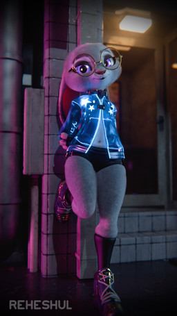 anthro bottomwear clothing collar eyewear female footwear fur glasses gloves grey_body grey_fur hands_behind_back handwear hoodie leaning_on_wall looking_at_viewer on_one_leg purple_eyes shoes shorts smile sneakers socks solo standing topwear reheshul pochemu_(modeler) disney zootopia judy_hopps european_rabbit lagomorph leporid mammal oryctolagus rabbit 3d_(artwork) 9:16 digital_media_(artwork) hi_res