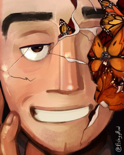 ambiguous_gender black_body body_horror broken_mask close-up cracks crown eyebrows eyespots flying gore grin group half-closed_eyes headgear horror_(theme) insect_wings lepidopteran_wings light_body light_skin looking_at_viewer male male_human markings mask mutilation narrowed_eyes not_furry_focus orange_wings smile spread_wings teeth toothy_grin wings fishyyrod broken_mask_redraw disney hoppers_(disney) pixar jerry_generazzo titus_(hoppers) arthropod butterfly human insect lepidopteran mammal monarch_butterfly 4:5 digital_media_(artwork) digital_painting_(artwork) meme painting_(artwork)